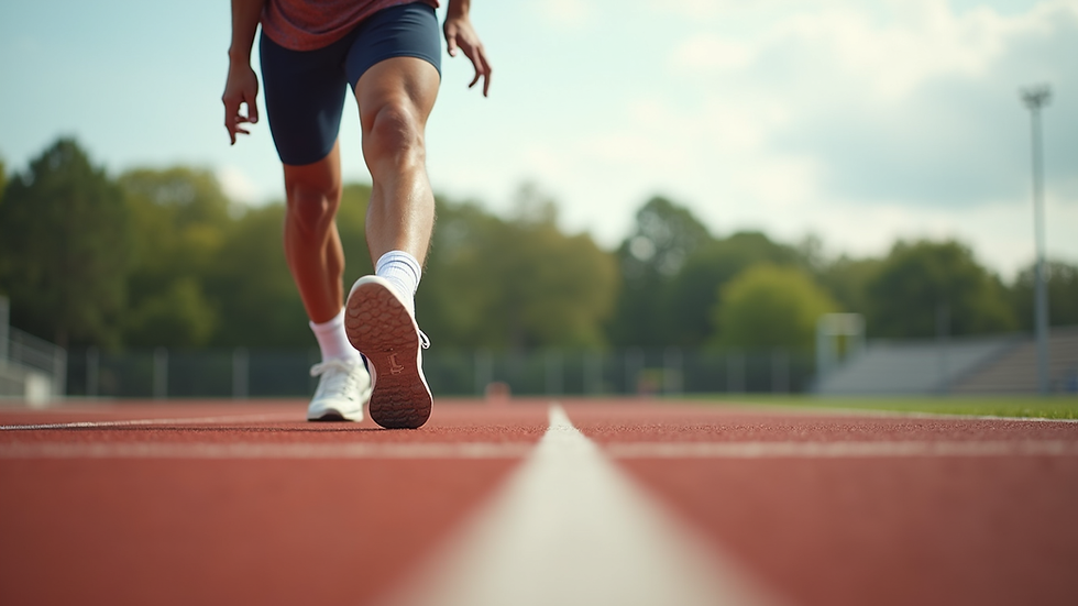 Eye-level view of a runner stretching on a track field