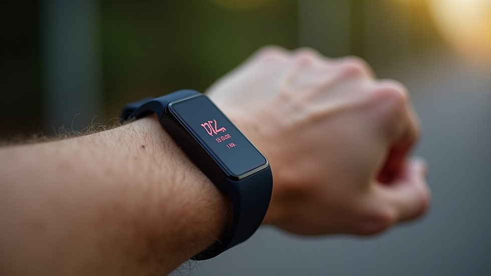 Eye-level view of a fitness tracker on a wrist displaying heart rate data