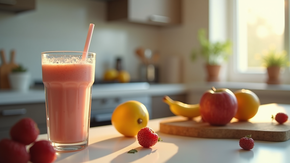 Close-up view of a sports nutrition shake and fresh fruits on a kitchen counter
