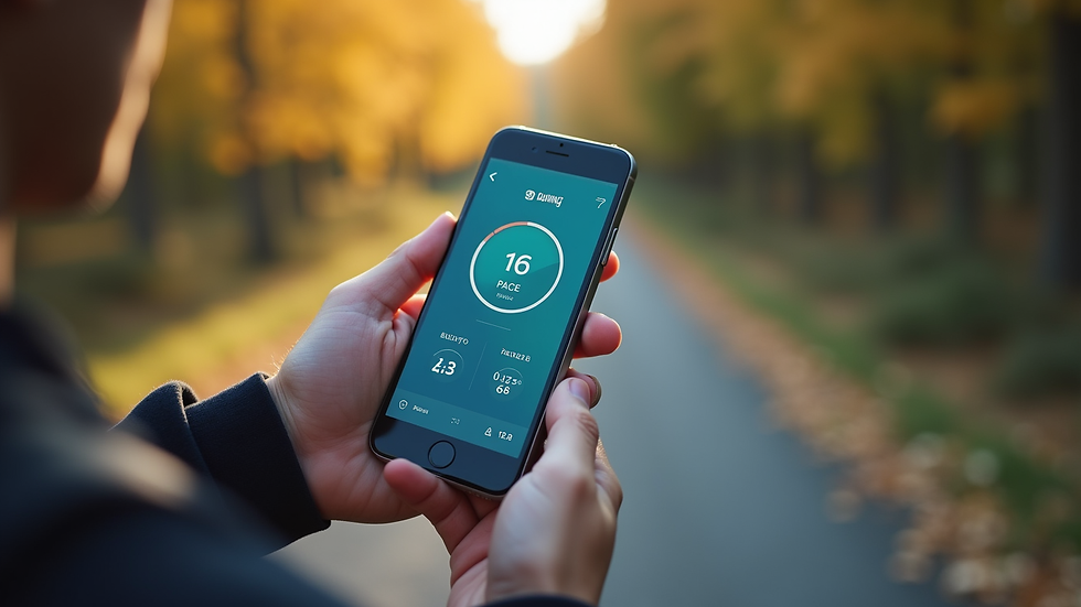Close-up view of a smartphone displaying a running app with pace and distance metrics