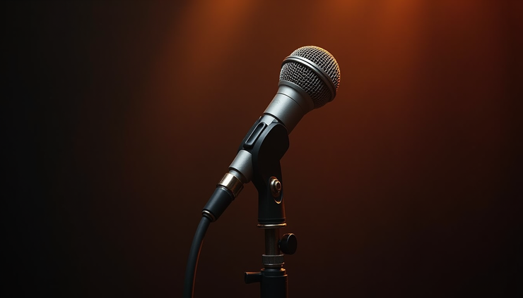 Close-up view of a vintage microphone on a dimly lit stage
