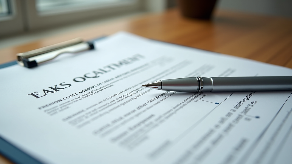 Close-up view of legal documents and a pen on a wooden desk