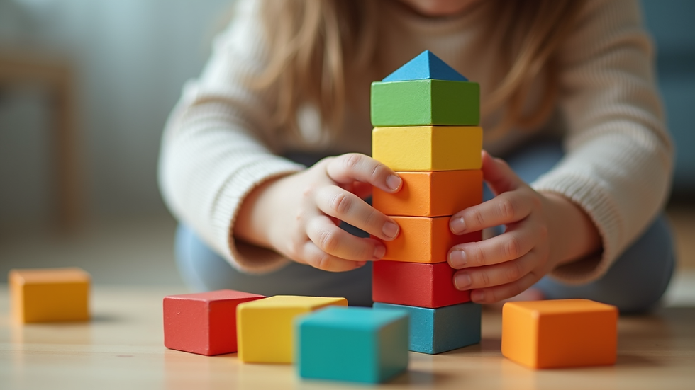 Close-up view of a child’s hands building a colorful block tower