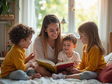 A caring nanny reads an engaging storybook to a group of delighted children in a brightly