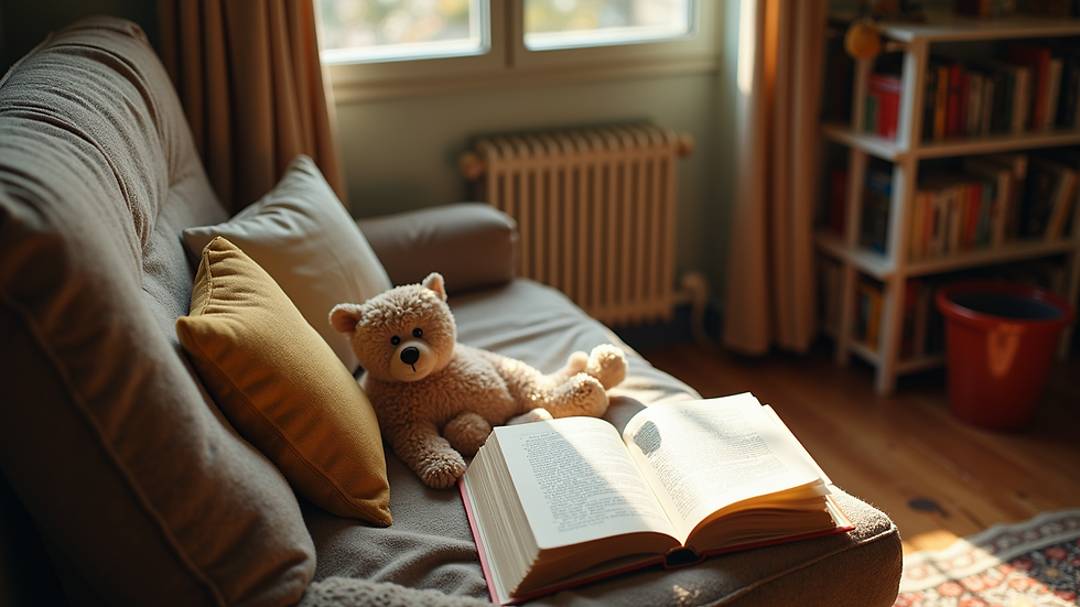 High angle view of a cozy reading corner with children's books