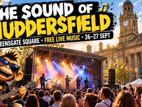 Illustrated Monkey GigsList cover for free live music at Queensgate Square, Huddersfield, 26–27 September 2026