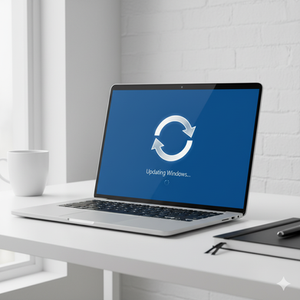 מחשב נייד פתוח על שולחן עבודה מינימליסטי, עם אייקון עגול של רענון או עדכון על רקע כחול – מסמל עדכוני Windows ואבטחה.