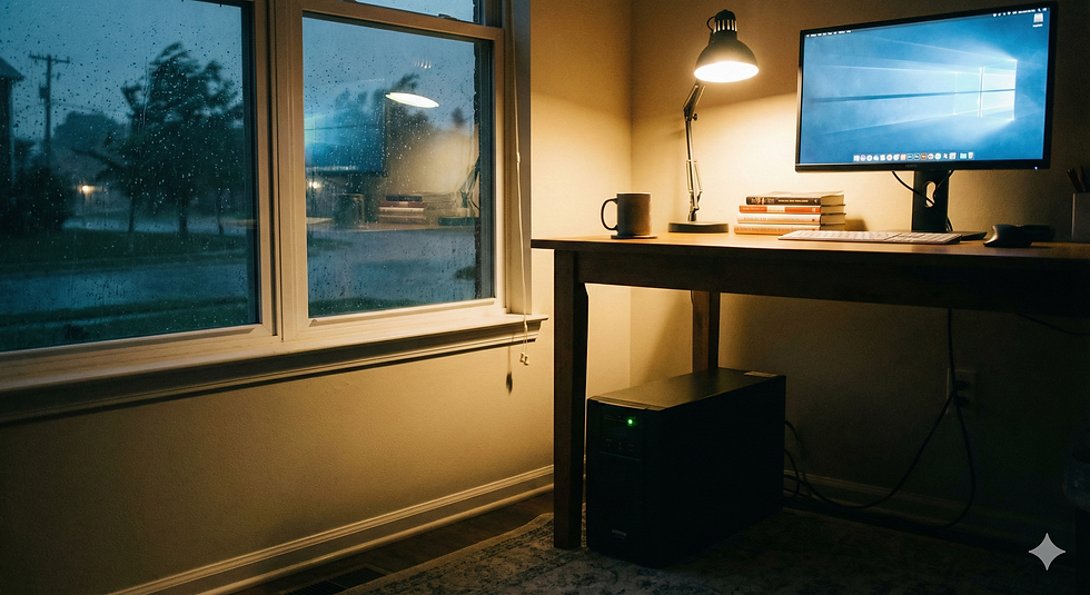 חדר עבודה ביתי בשעות ערב עם מחשב דולק ואל-פסק עם נורית ירוקה בזמן סערה בחוץ שממחיש הגנה ושקט נפשי בהפסקת חשמל