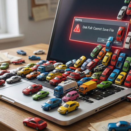 מחשה ויזואלית של מחשב שנתקע בגלל עומס קבצים בדימוי של פקק תנועה שמסביר למה מופיעה הודעת אין מקום בכונן