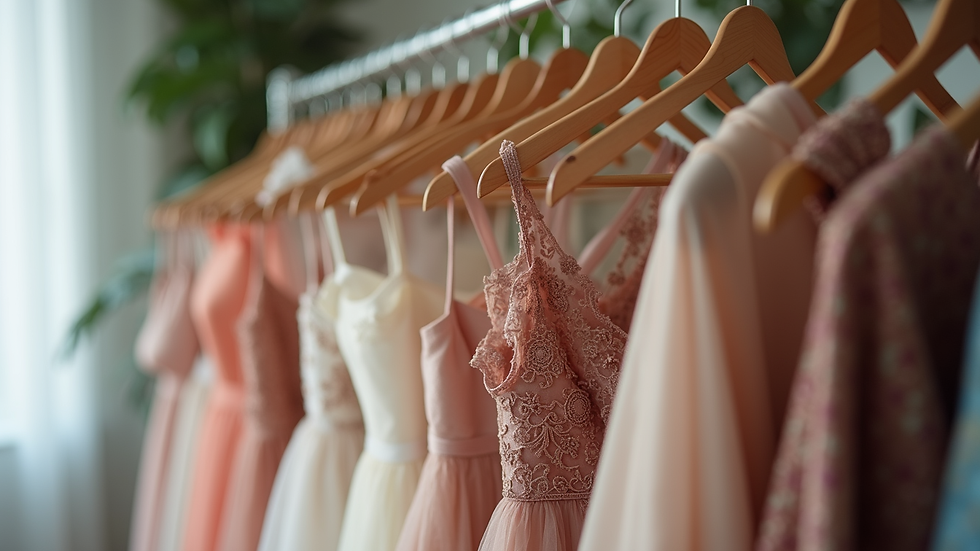 Eye-level view of a clothing rack featuring elegant dresses