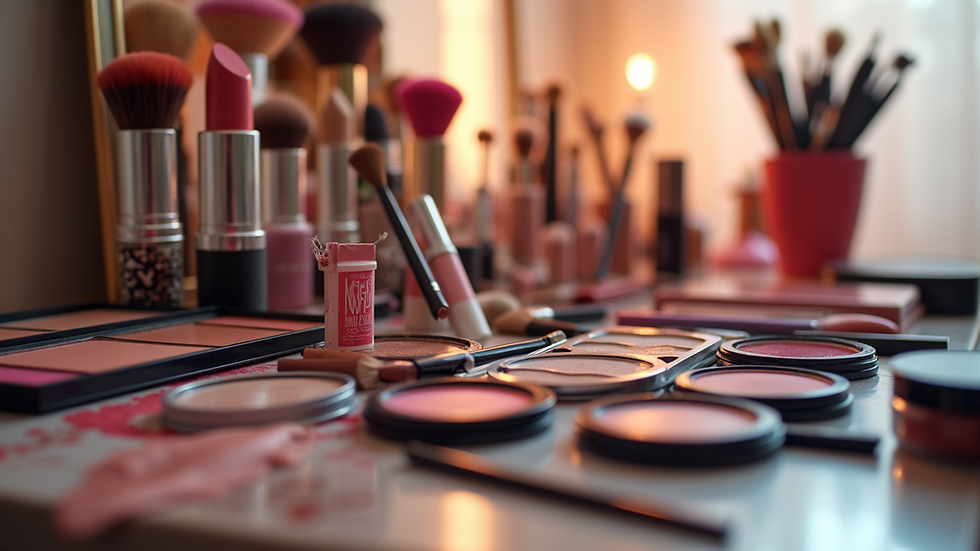 Eye-level view of a beautifully arranged makeup station with vibrant colors