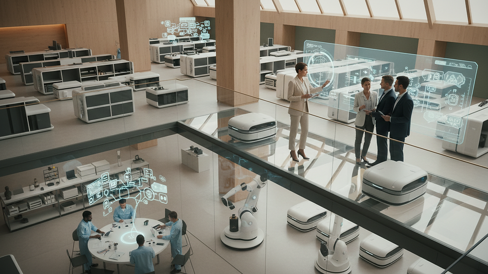High angle view of a warehouse with automated robotic systems