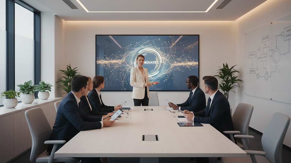 Eye-level view of a modern office conference room with a leadership team meeting