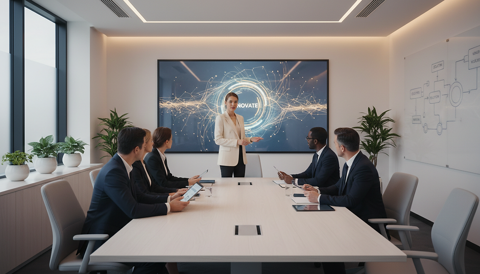 A female CEO standing in front of a boardroom directing the conversation
