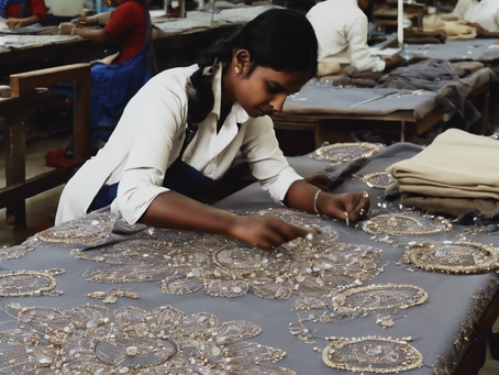 George Handwork Designer Fabric with intricate embroidery, pearls, and gold thread displayed elegantly with a royal-themed African background, blog title overlay "Why Every Elegant Woman Needs George Handwork Fabric".