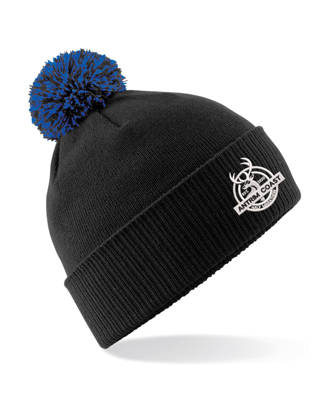 Two-Tone Double-Layer Knit Pom-Pom Hat - Black and Bright Royal