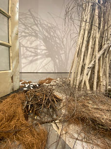 multi-edia installation of tree branches, architectural remnants, paper clay, & found, repurposed objects