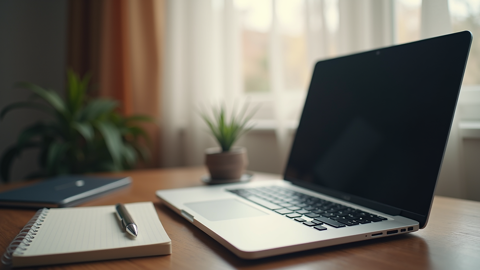 Eye-level view of a cozy home office setup with a laptop and a notepad