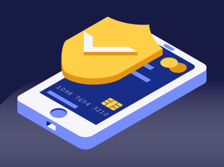 A smartphone and a credit card with a security icon