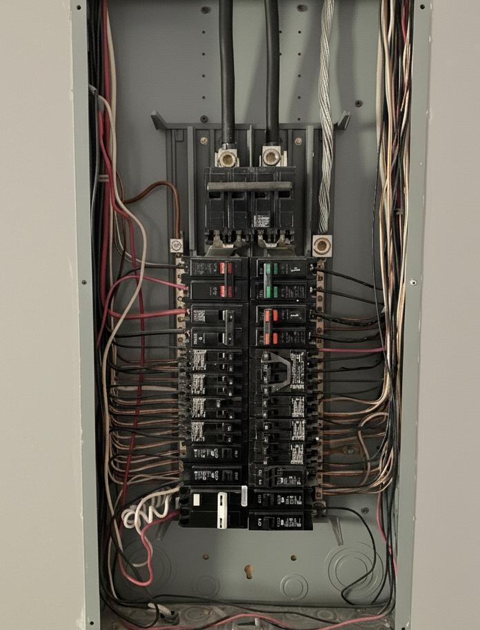 An electrical breaker panel with its wiring and safety devices visible. This central hub safely distributes power to all home circuits.