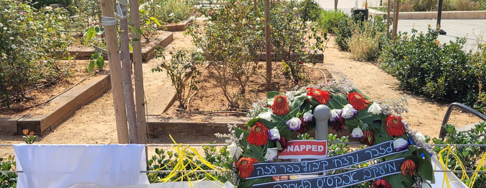 שלט שאומר "החזרת החטופים חיים עכשיו"