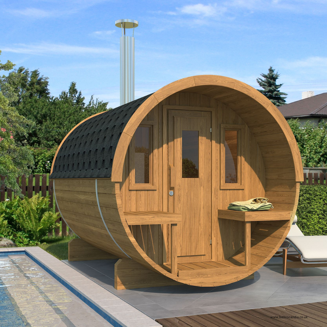 Malmö Sauna Barrel 280 with outside seats | 280 x Ø 205 or Ø 230 cm | 4 Persons
