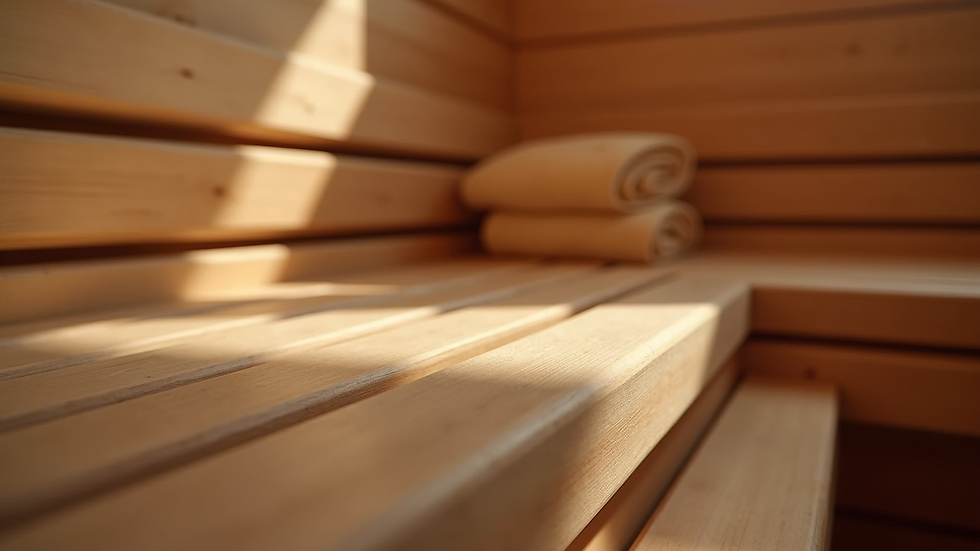 Close-up view of handcrafted wooden sauna bench inside a bespoke outdoor sauna