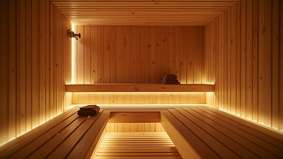 Eye-level view of a wooden sauna interior with warm lighting