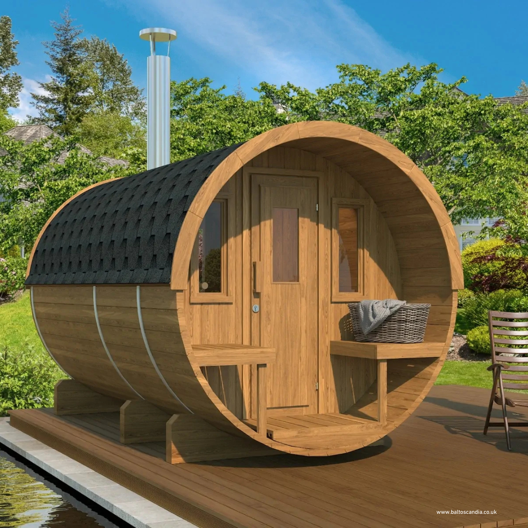 Ystad Sauna Barrel 330 with outside seats | 330 x Ø 205 or Ø 230 cm | 4 Persons