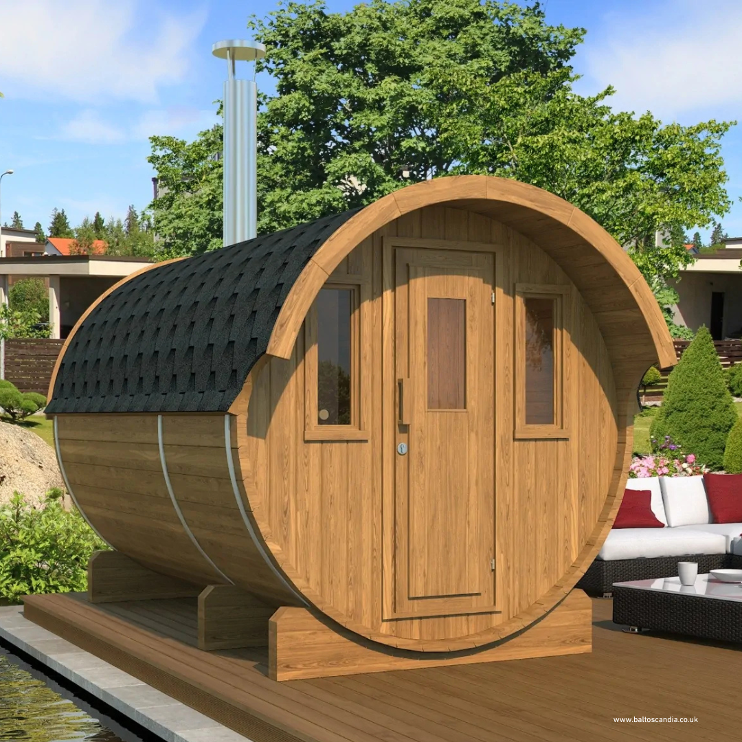 Lund Sauna Barrel 330 with room & canopy | 330 x Ø 205 or Ø 230 cm | 4 Persons