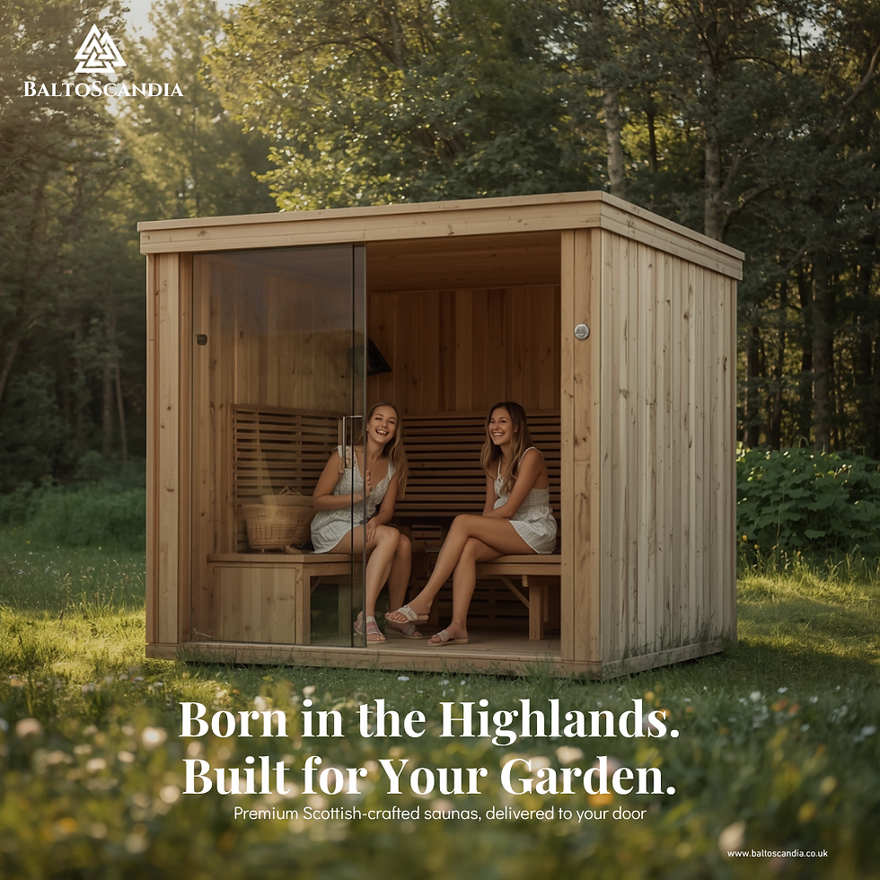 Enjoy a relaxing moment in a contemporary Baltoscandia sauna, set in a lush garden in Scotland, showcasing one of the top outdoor models for 2026.