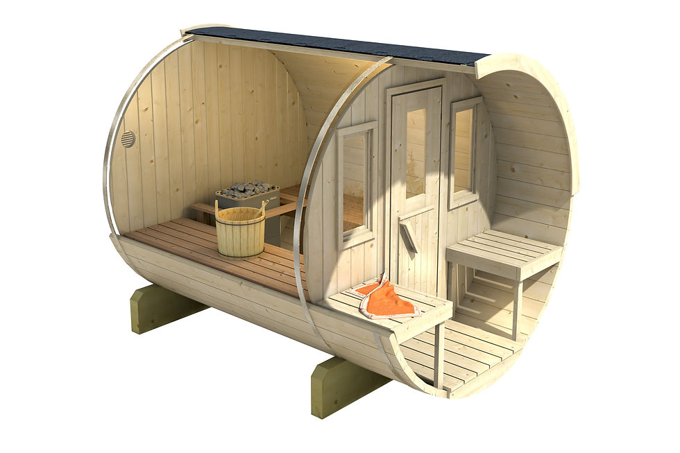 Thumbnail: Røros Sauna Barrel 250 with outdoor seating | 250 x 205cm | 42mm Thermowood