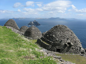 Skellig Michael monastery, County Kerry, Ireland — stone beehive huts on an Atlantic rock where Irish monks preserved classical literature during the Dark Ages