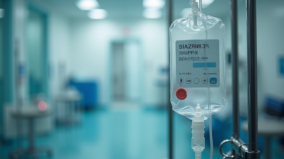 Close-up view of an IV therapy setup with a clear bag and tubing