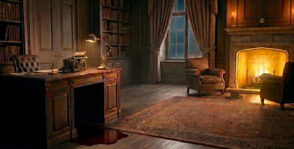 An empty, dimly lit vintage study featuring a desk with a typewriter, a roaring fireplace, and a large pool of dark blood seeping out from underneath the desk.