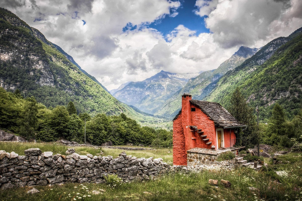 A small house in a mountain setting