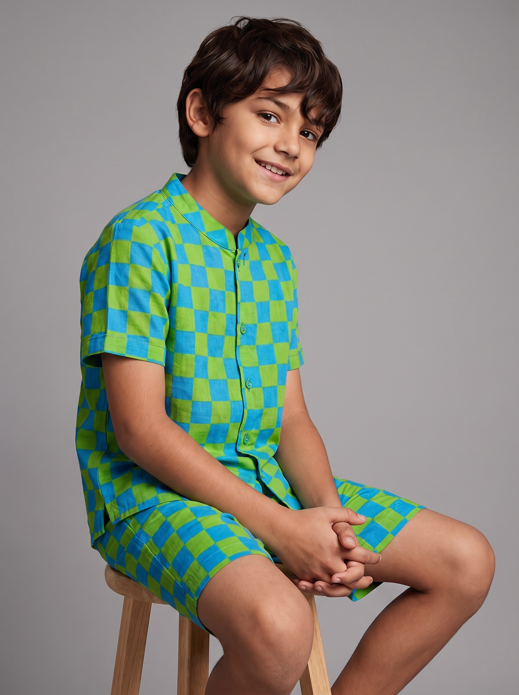 Boys pure cotton green and blue checkered co-ord set with mandarin collar - Tiny Trunk
