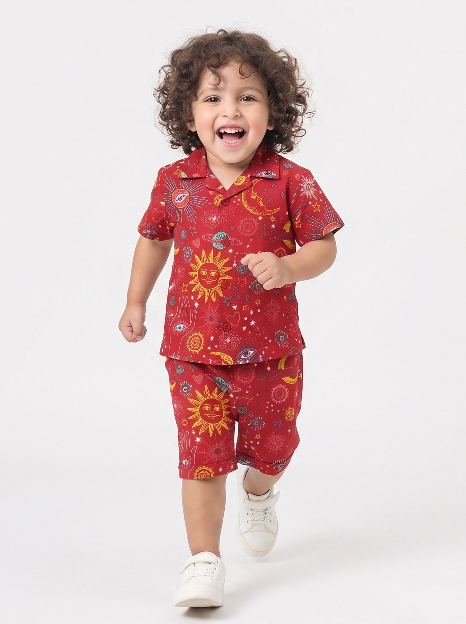 Boys pure cotton celestial print co-ord set with camp collar - Tiny Trunk