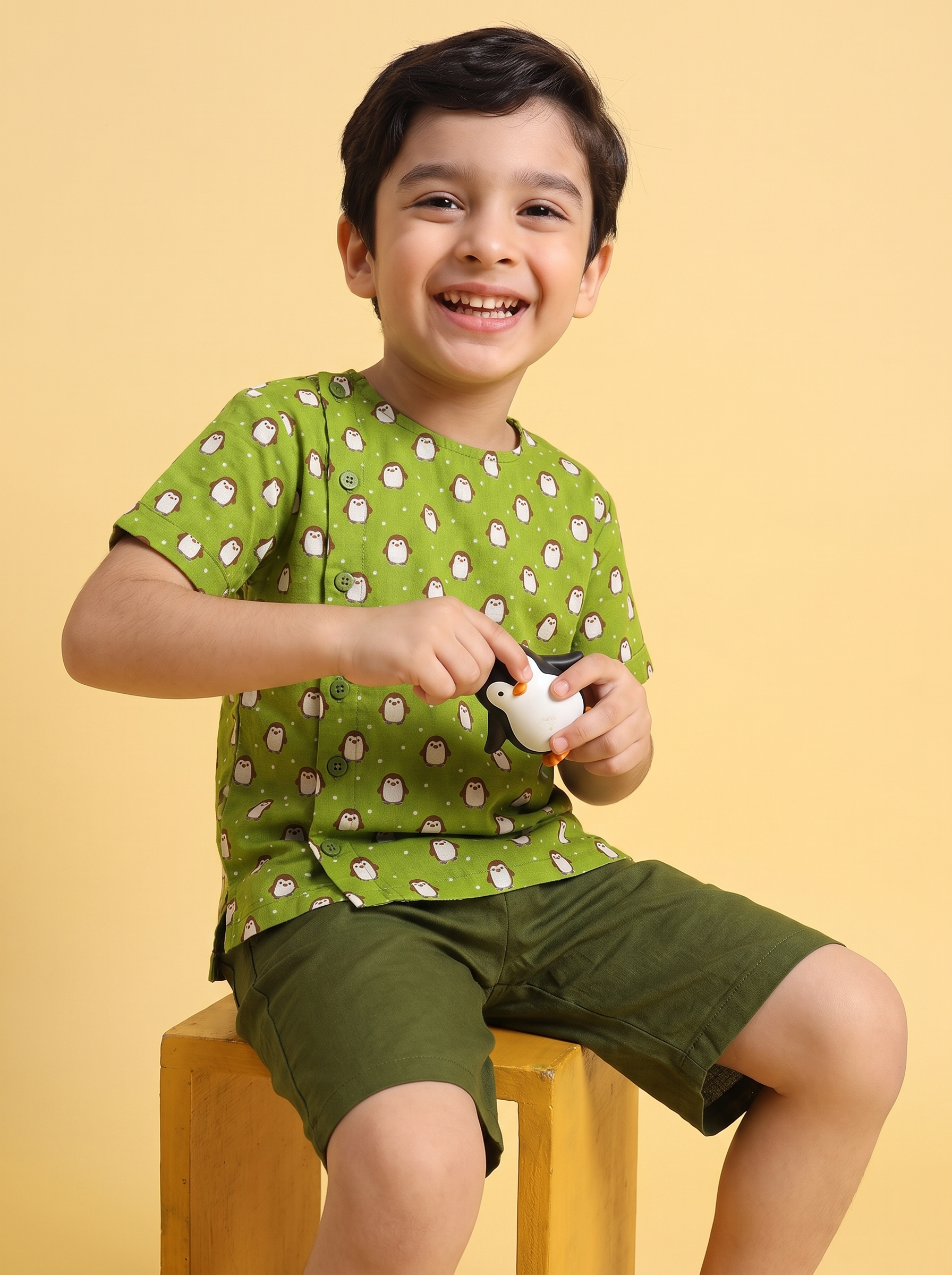 Boys Dress | Green Penguin Print Cotton Shirt and Shorts Full Outfit