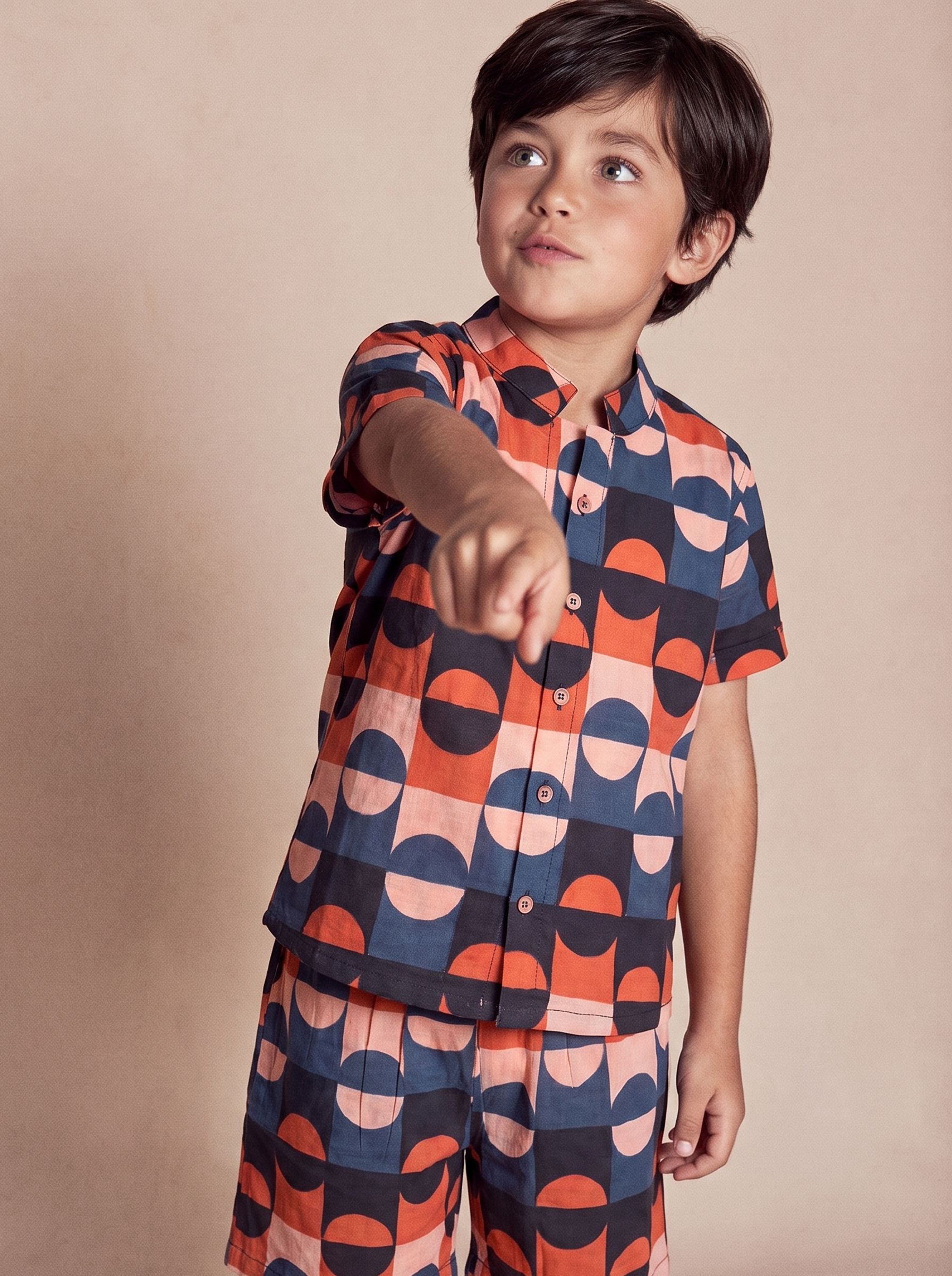 Close up of camp collar and pure cotton fabric on boys geometric print co-ord set