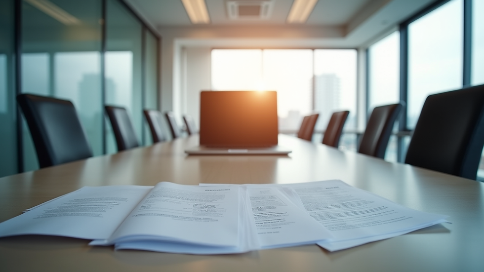 Eye-level view of office meeting room with documents and laptop