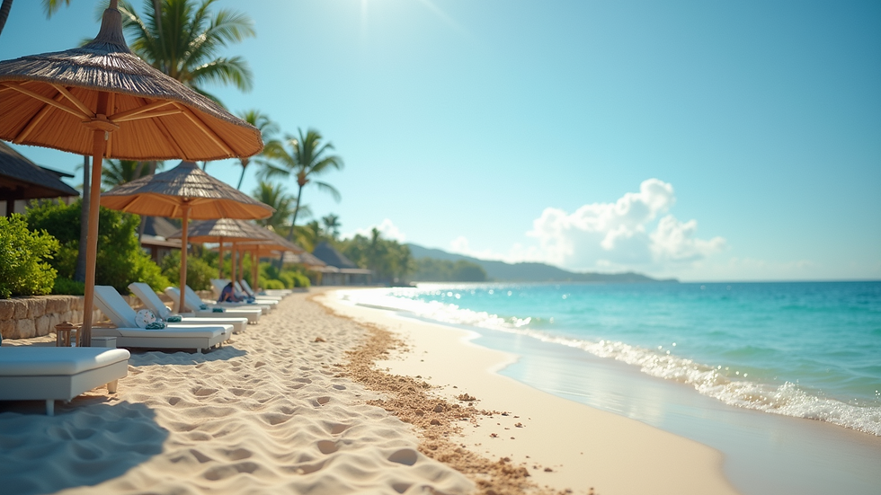 Eye-level view of a serene beach resort with clear skies