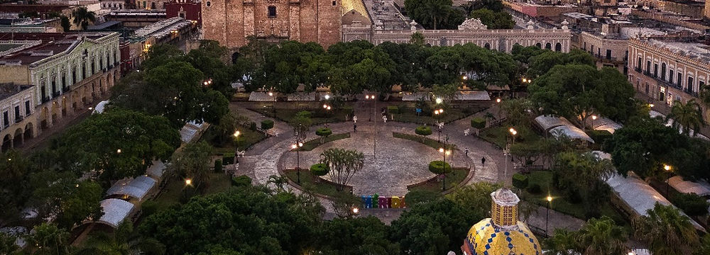 Aerial view of Merida Cathedral and Plaza Grande at sunset