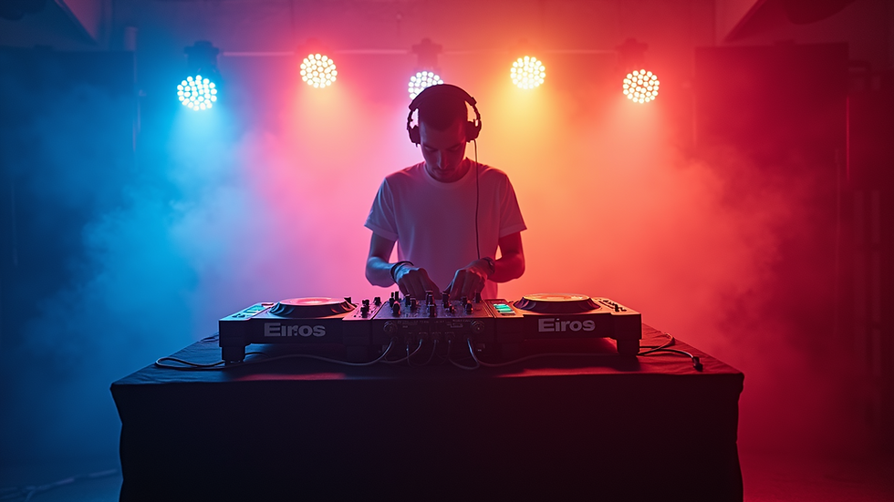 Vista a nivel de ojo de un DJ mezclando música en una cabina iluminada con luces de colores en un evento temático