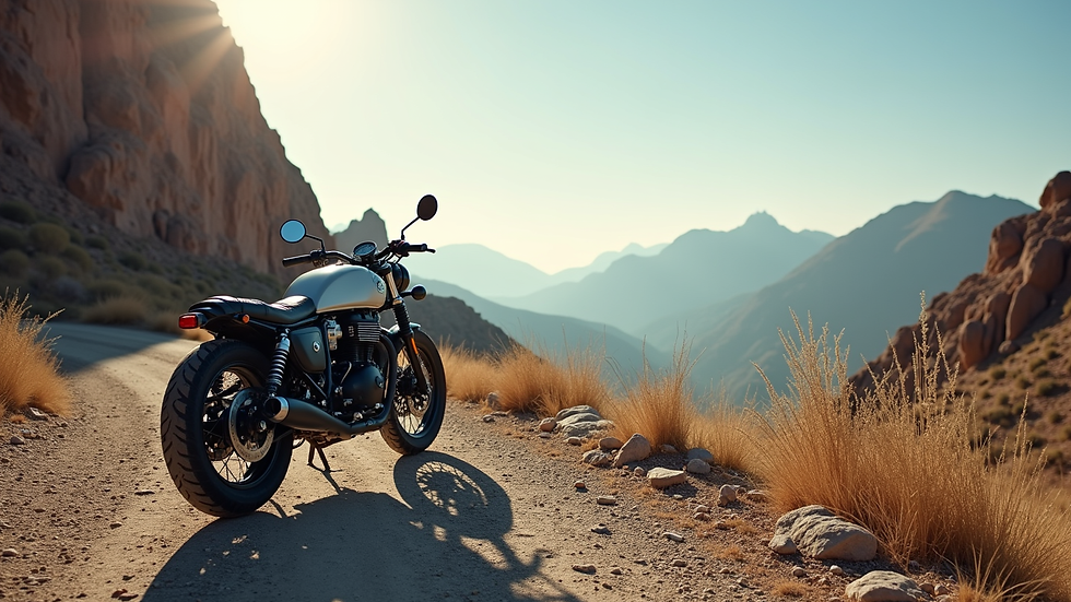 High angle view of a motorcycle parked near a rocky mountain landscape
