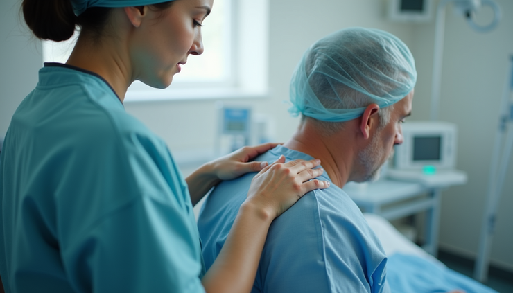 Close-up view of a therapist gently massaging a patient's shoulder during post-surgery recovery