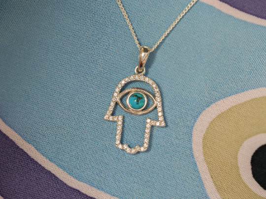 Thumbnail: Silver Hamsa Necklace - Eye Pendant with Turquoise and CZ - Judaica Jewelry