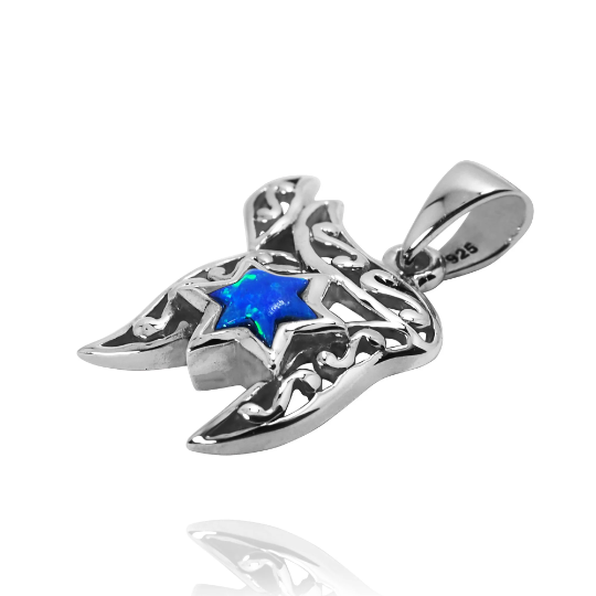 Thumbnail: Chai Necklace - Ethnic Design Silver Chai Necklace - Simulated Blue Opal