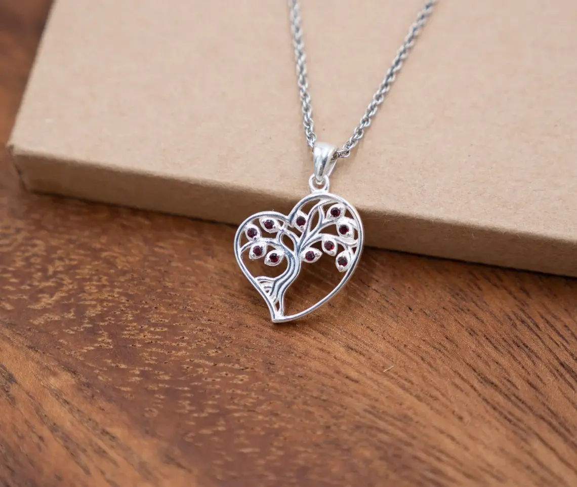Silver Tree of Life Necklace with Garnet Gemstone Fruits, Unique Heart Shape