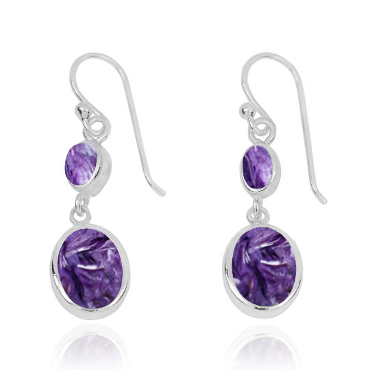 Charoite Earrings - 925 Sterling silver Dangling Earrings with Charoite Stones